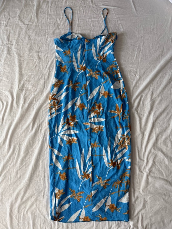 Zara Blue Tropical Palm Print Midi Dress Size M Spaghetti Strap Ruched Bust - Picture 2 of 10